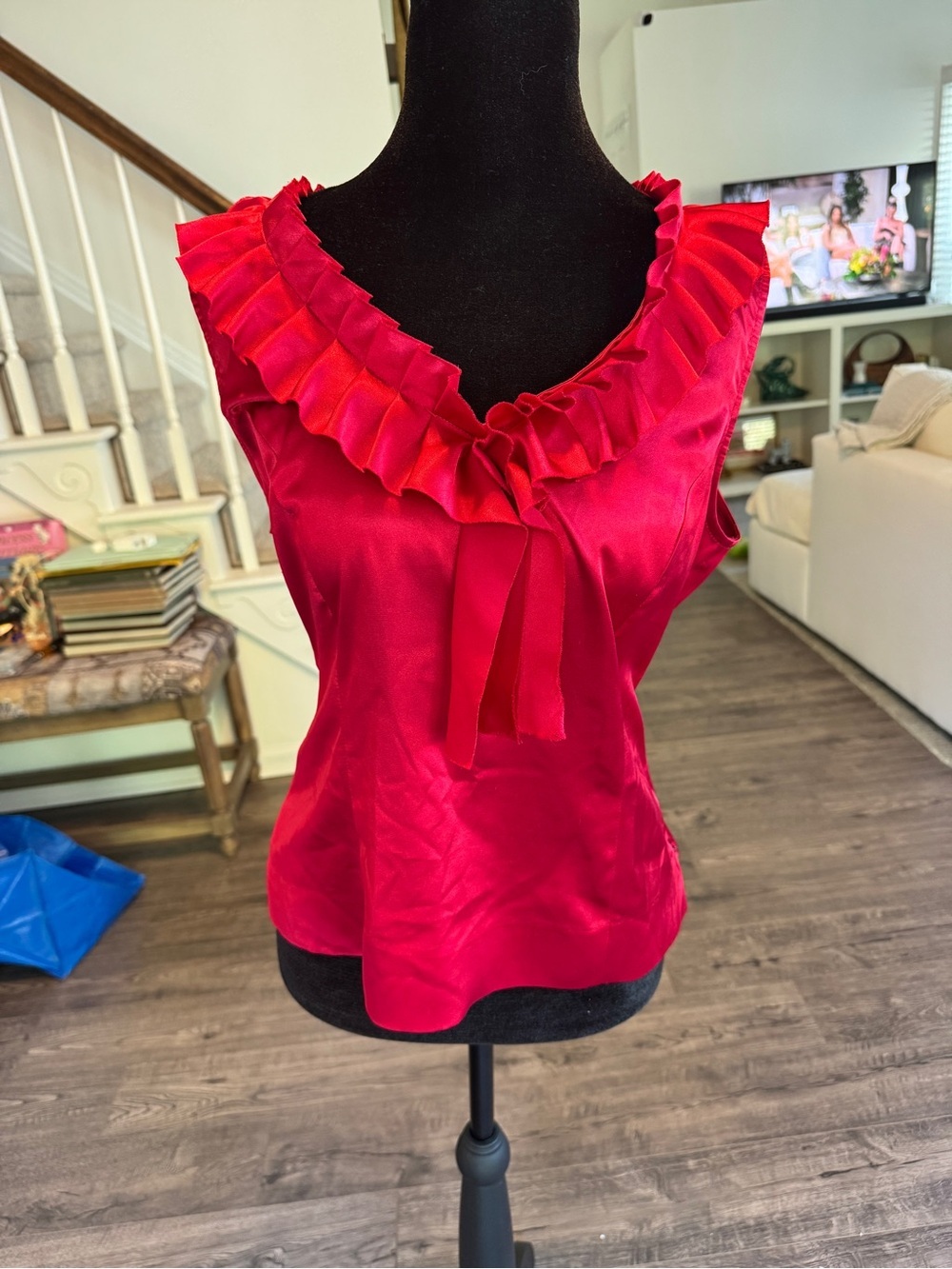 Nine West Sleeveless Ruffled V-Neck Satin Top in Red